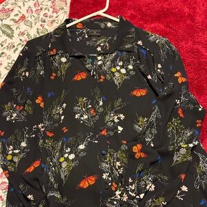 Worthington Black Blouse with Floral and Butterfly Design